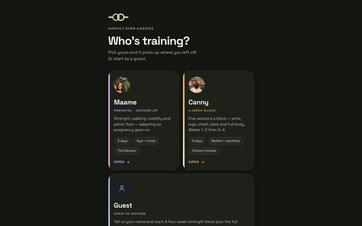 Dadzies Workouts, the training app built into the wedding site